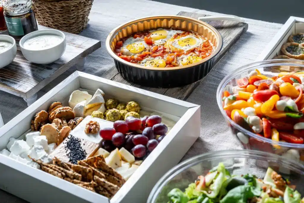 שולחן שבועות מעוצב עם מגשי אירוח חלביים ומאפים טריים